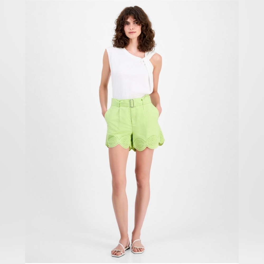 INC COTTON SCALLOPED HIGH RISE BELTED SHORTS IN HARVEST PEAR NWT